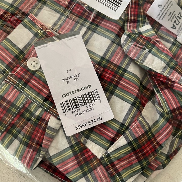 NEW Carter’s long sleeve button down, red green. Sz 2T. Christmas/holiday - Picture 3 of 3